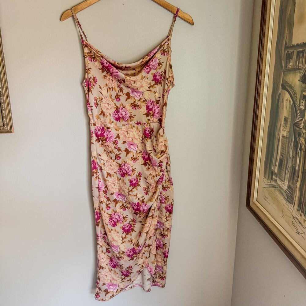 Floral Cowl Neck Ruched Midi Slip Dress Pink Yellow Size S